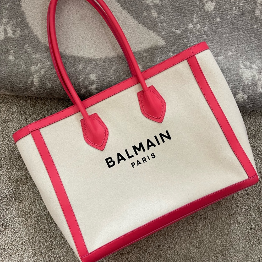 BALMAIN Paris authentic B-Army hot pink leather and canvas print tote bag